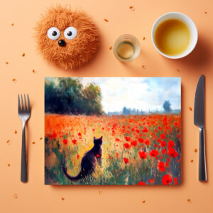 raxxa Premium-Tischset: Impressionistic Oil Painting of Cat in Blooming Poppy Field