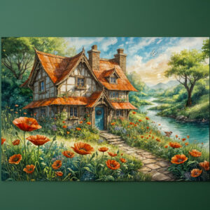 raxxa Premium-Tischset: Whimsical Cottage with Poppy Flowers
