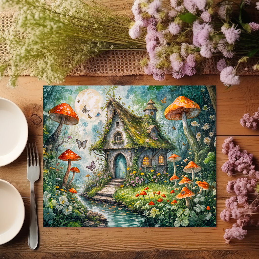 raxxa Premium-Tischset: Whimsical Cottage by Stream with Giant Red Mushrooms - Image 2