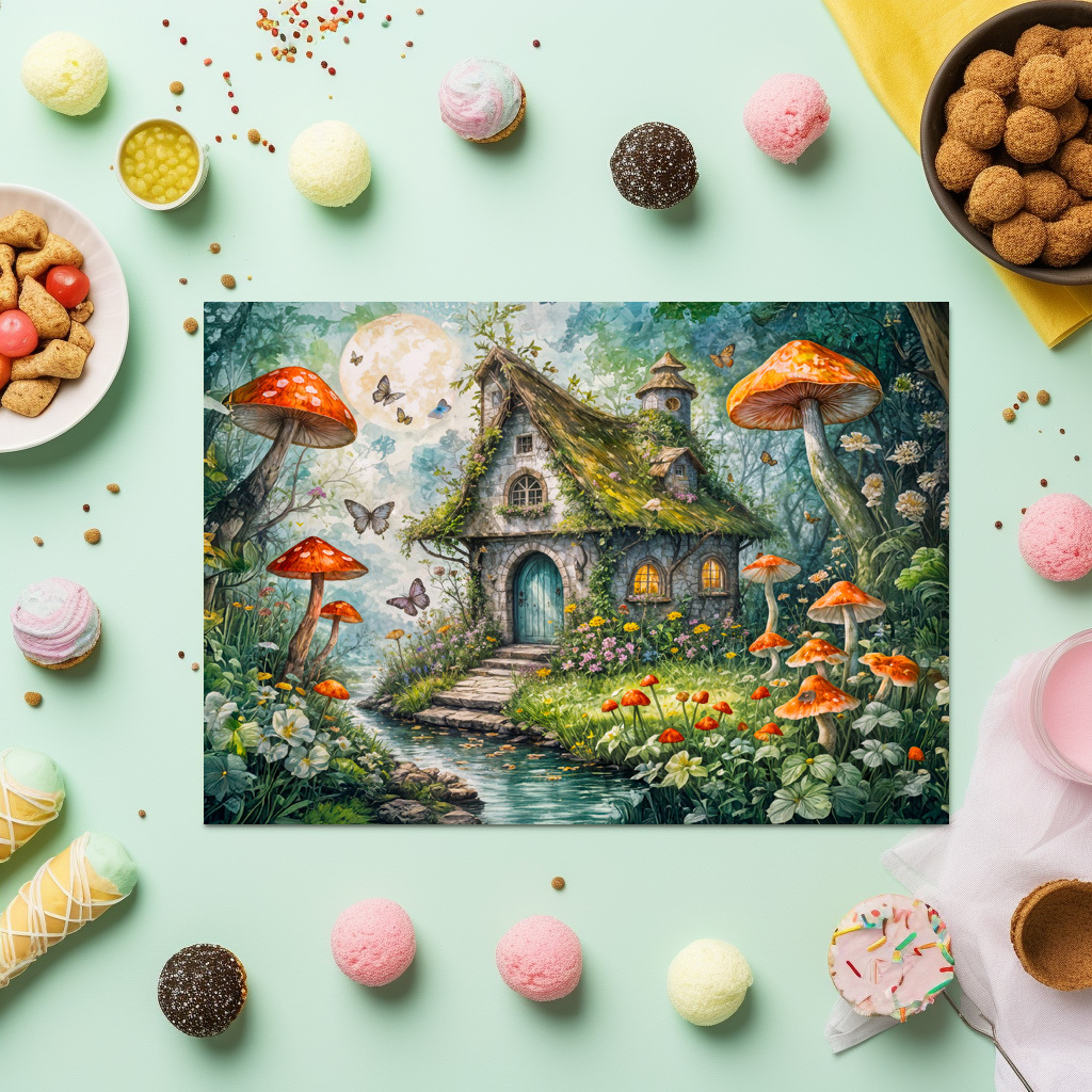 raxxa Premium-Tischset: Whimsical Cottage by Stream with Giant Red Mushrooms - Image 3