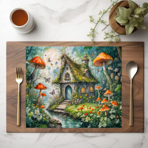 raxxa Premium-Tischset: Whimsical Cottage by Stream with Giant Red Mushrooms