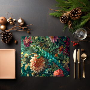 raxxa Premium-Tischset: Lizard Between Dahlia Blooms Garden Illustration