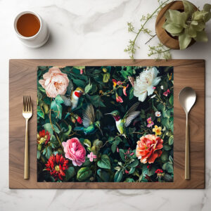 raxxa Premium-Tischset: Hummingbirds with Climbing Vines and Rose Hedge Illustration