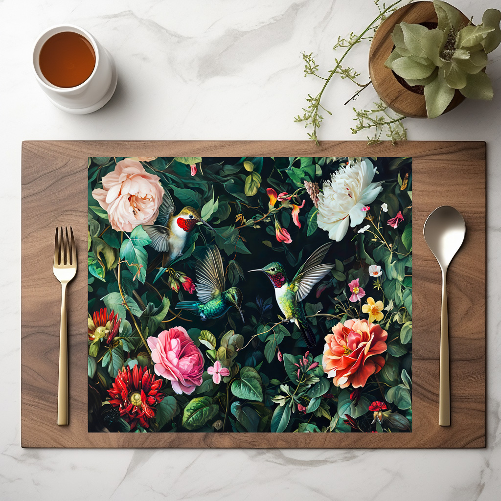 raxxa Premium-Tischset: Hummingbirds with Climbing Vines and Rose Hedge Illustration