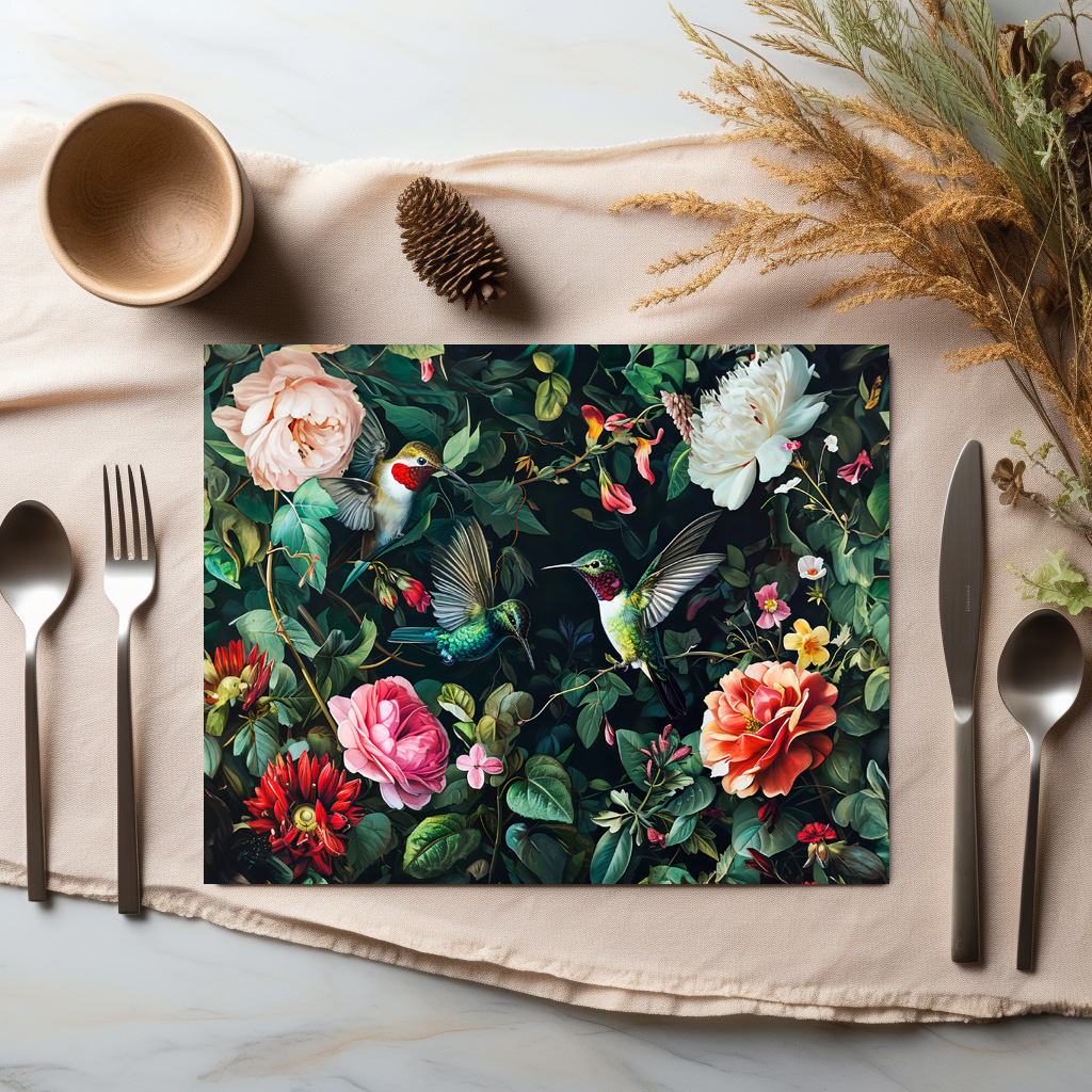 raxxa Premium-Tischset: Hummingbirds with Climbing Vines and Rose Hedge Illustration - Image 2