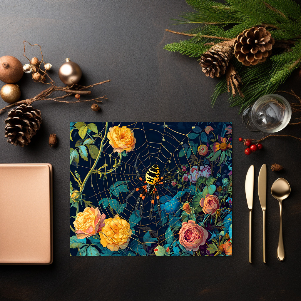 raxxa Premium-Tischset: Wasp Spider in a Web Between Rose Hedge Illustration