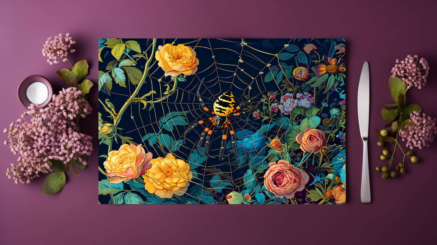 raxxa Premium-Tischset: Wasp Spider in a Web Between Rose Hedge Illustration – Bild 2