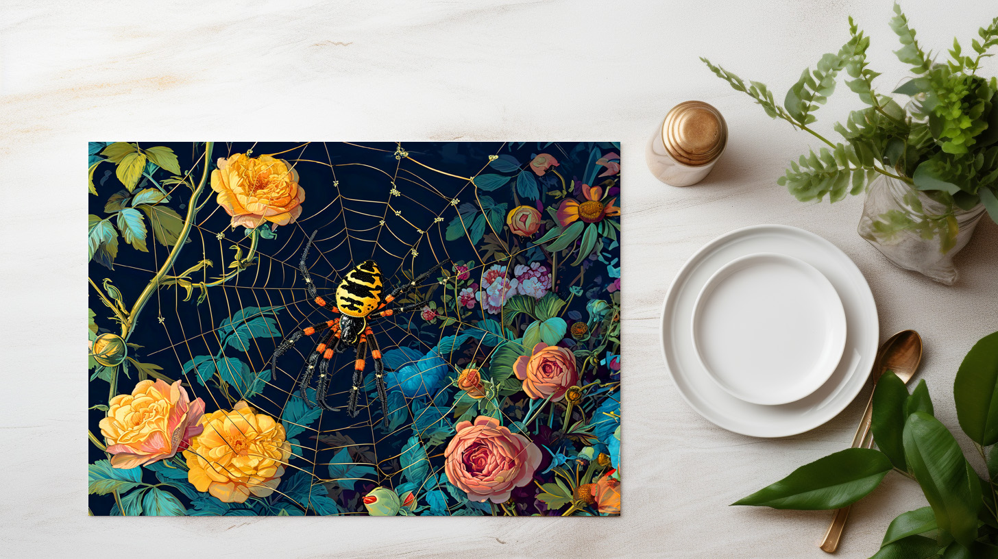 raxxa Premium-Tischset: Wasp Spider in a Web Between Rose Hedge Illustration – Bild 3