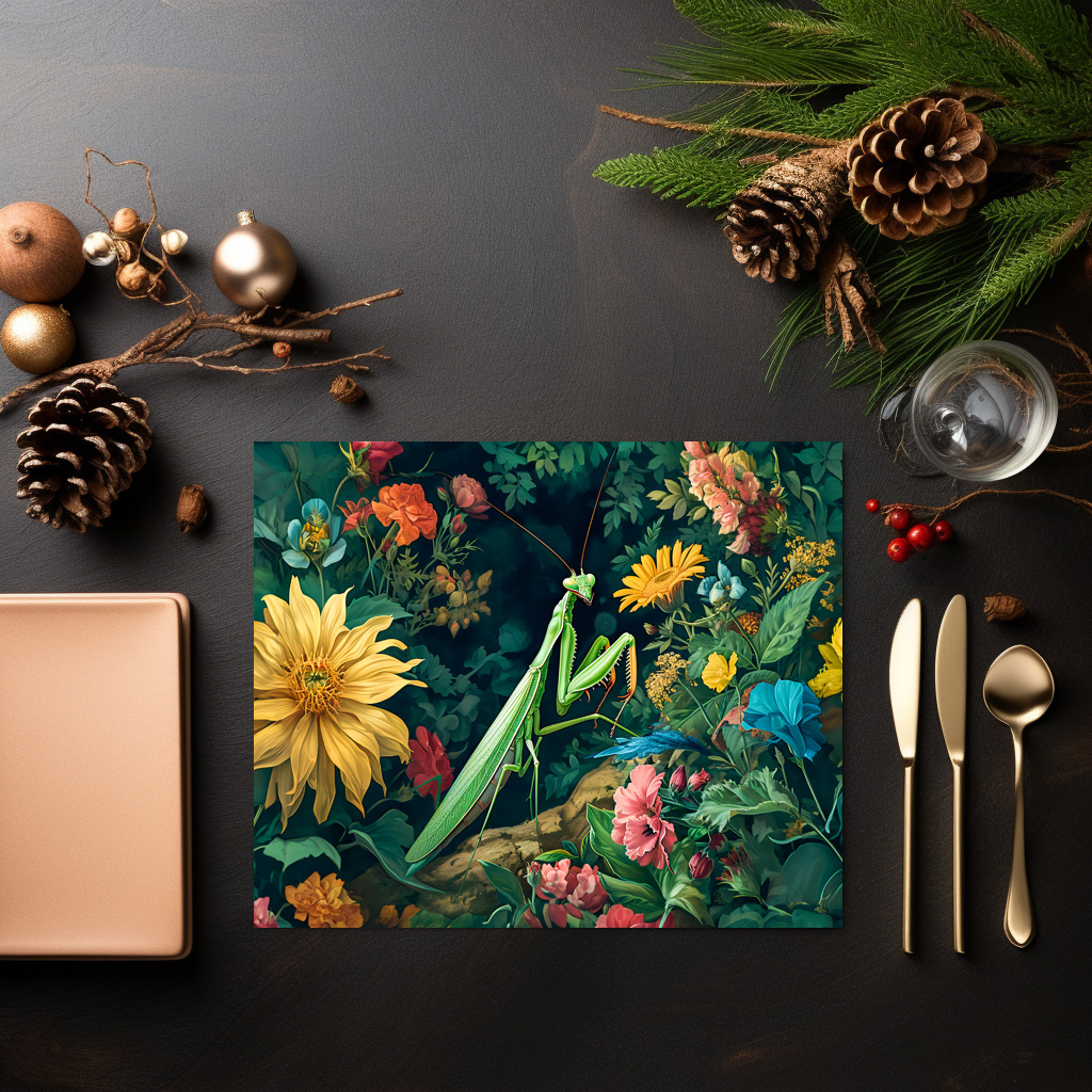 raxxa Premium-Tischset: Praying Mantis with Dahlias and Other Garden Blooms Illustration - Image 3