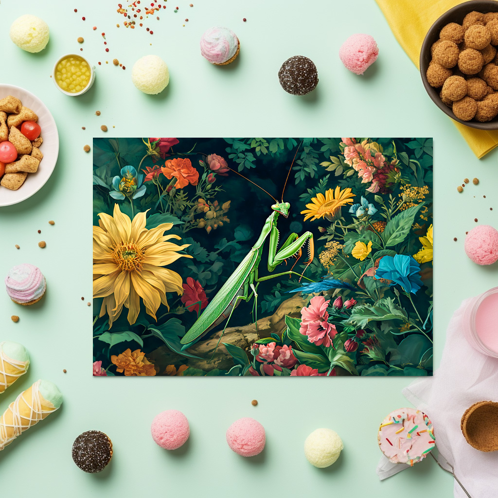 raxxa Premium-Tischset: Praying Mantis with Dahlias and Other Garden Blooms Illustration