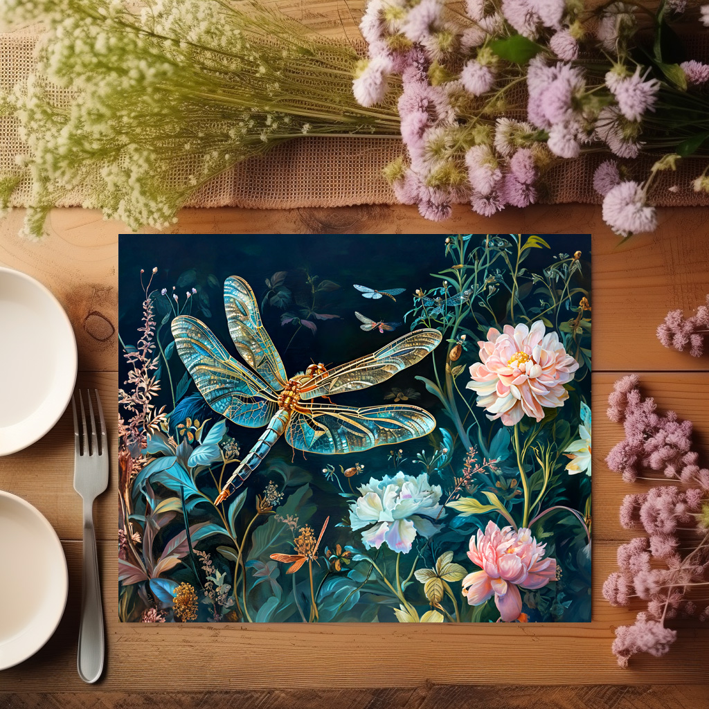 raxxa Premium-Tischset: Dragonfly at Night in a Garden with Peonies and Grasses Illustration – Bild 3