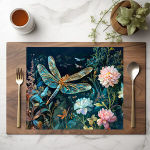 raxxa Premium-Tischset: Dragonfly at Night in a Garden with Peonies and Grasses Illustration