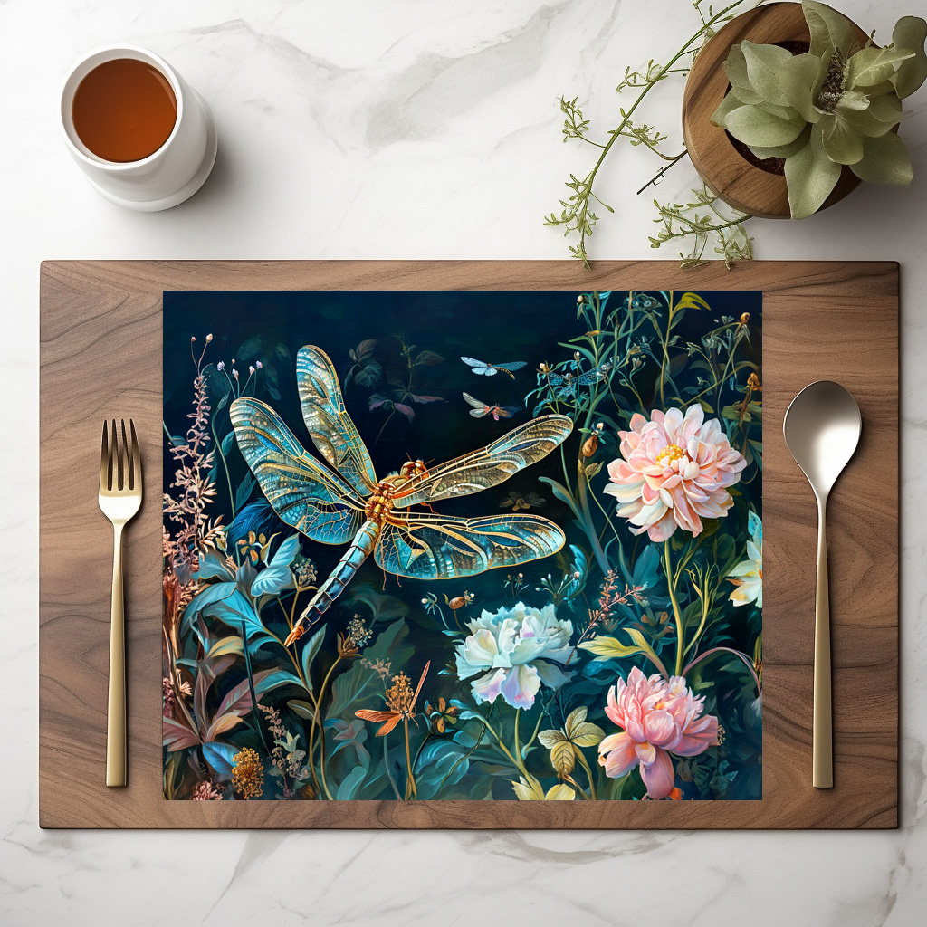 raxxa Premium-Tischset: Dragonfly at Night in a Garden with Peonies and Grasses Illustration