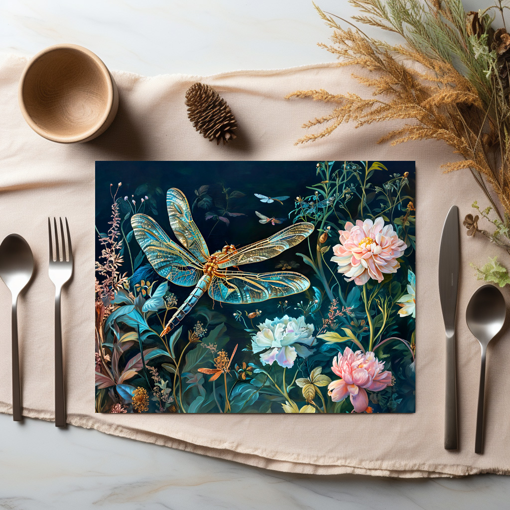 raxxa Premium-Tischset: Dragonfly at Night in a Garden with Peonies and Grasses Illustration – Bild 2