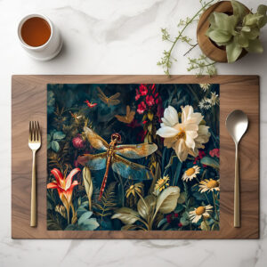 raxxa Premium-Tischset: Dragonfly in a Garden with Daisies and Lilies Illustration