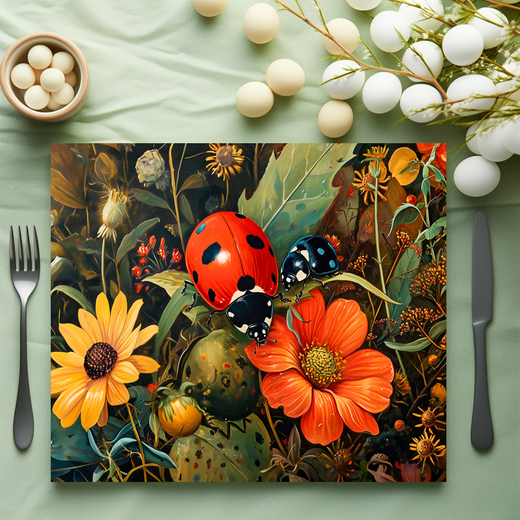 raxxa Premium-Tischset: Ladybug on a Simple Dahlia Bloom Illustration