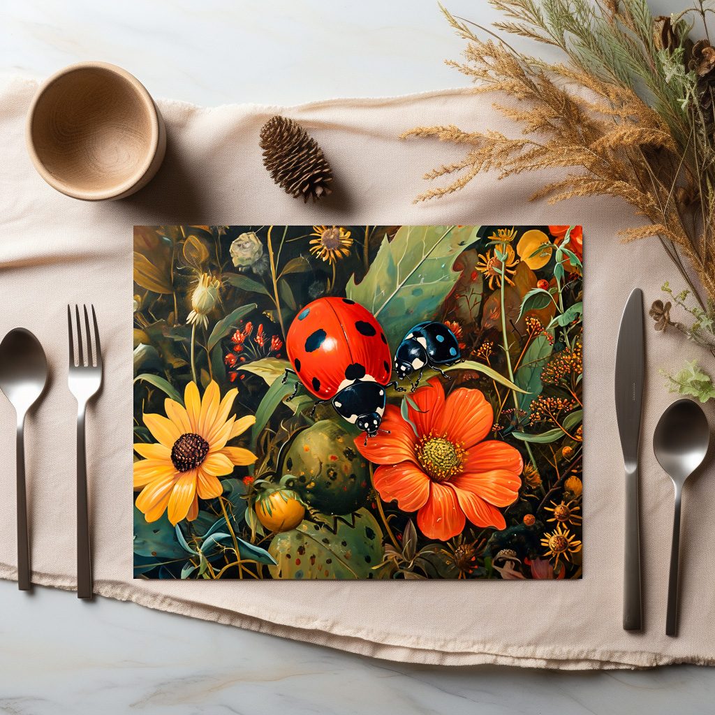 raxxa Premium-Tischset: Ladybug on a Simple Dahlia Bloom Illustration - Imagen 2