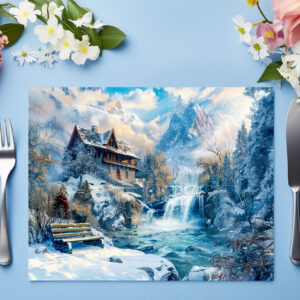 raxxa Premium-Tischset: Mountain Cottage by Waterfall in Winter Illustration