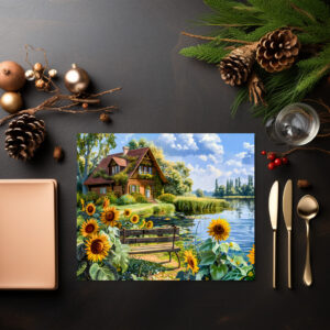 raxxa Premium-Tischset: Lakeside Cottage with Sunflower Field