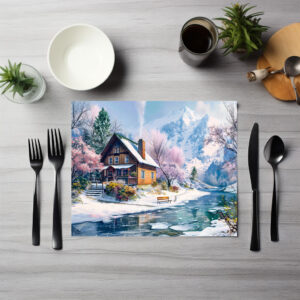 raxxa Premium-Tischset: Mountain Cottage in Spring with Blossoms