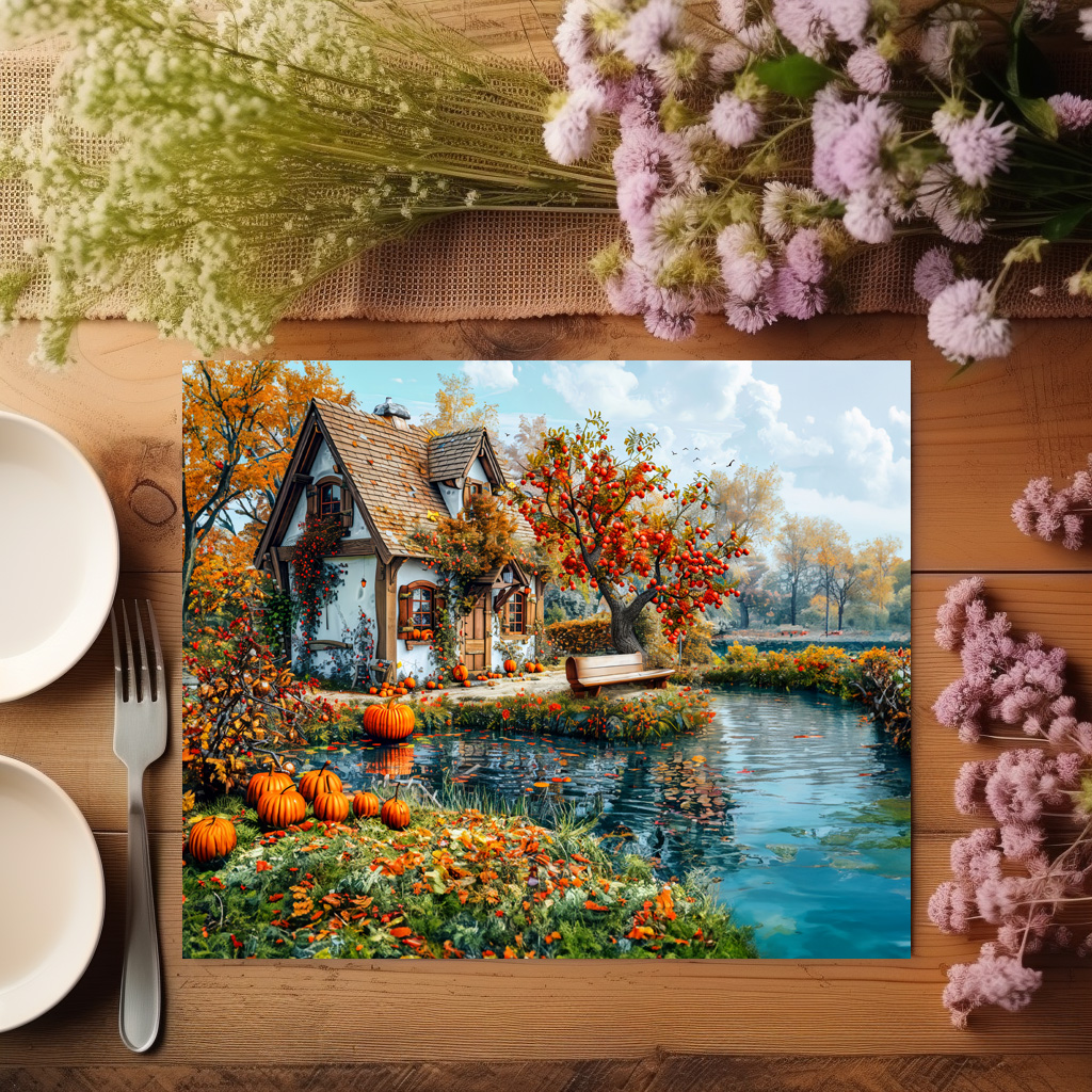 raxxa Premium-Tischset: Cozy Lakeside Cottage in Autumn Illustration - immagine 2
