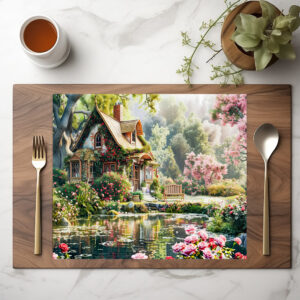 raxxa Premium-Tischset: Whimsical Cottage with Rhododendrons and Pond
