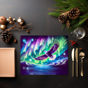 raxxa Premium-Tischset: Eagle Flying Over Mountain Lake with Northern Lights Pastel Chalk Drawing