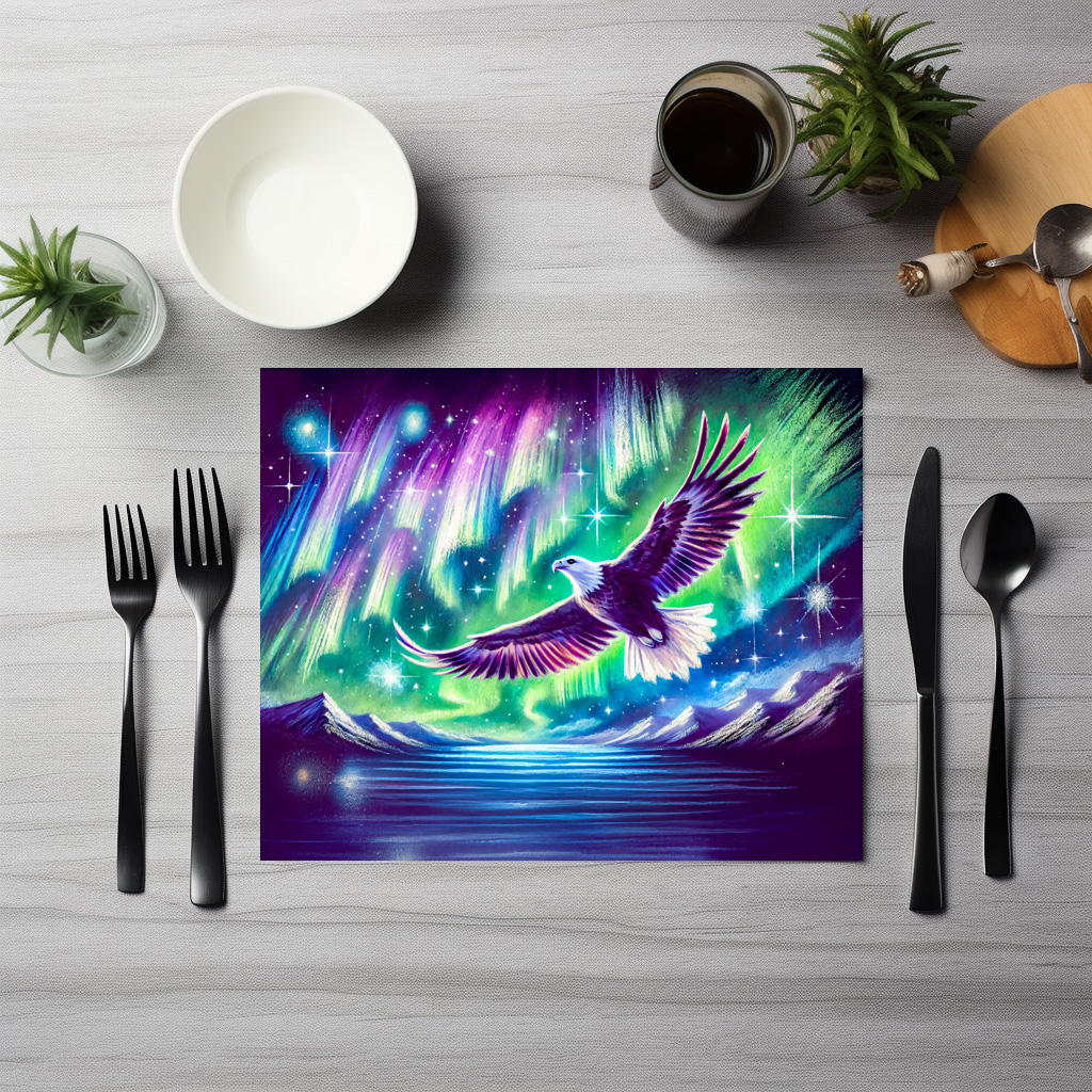 raxxa Premium-Tischset: Eagle Flying Over Mountain Lake with Northern Lights Pastel Chalk Drawing - Imagen 2