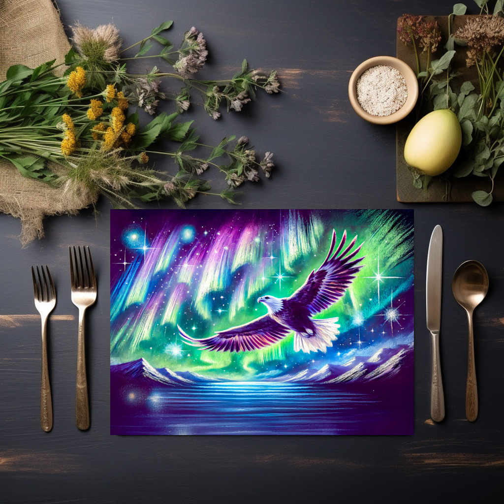raxxa Premium-Tischset: Eagle Flying Over Mountain Lake with Northern Lights Pastel Chalk Drawing - Imagen 3
