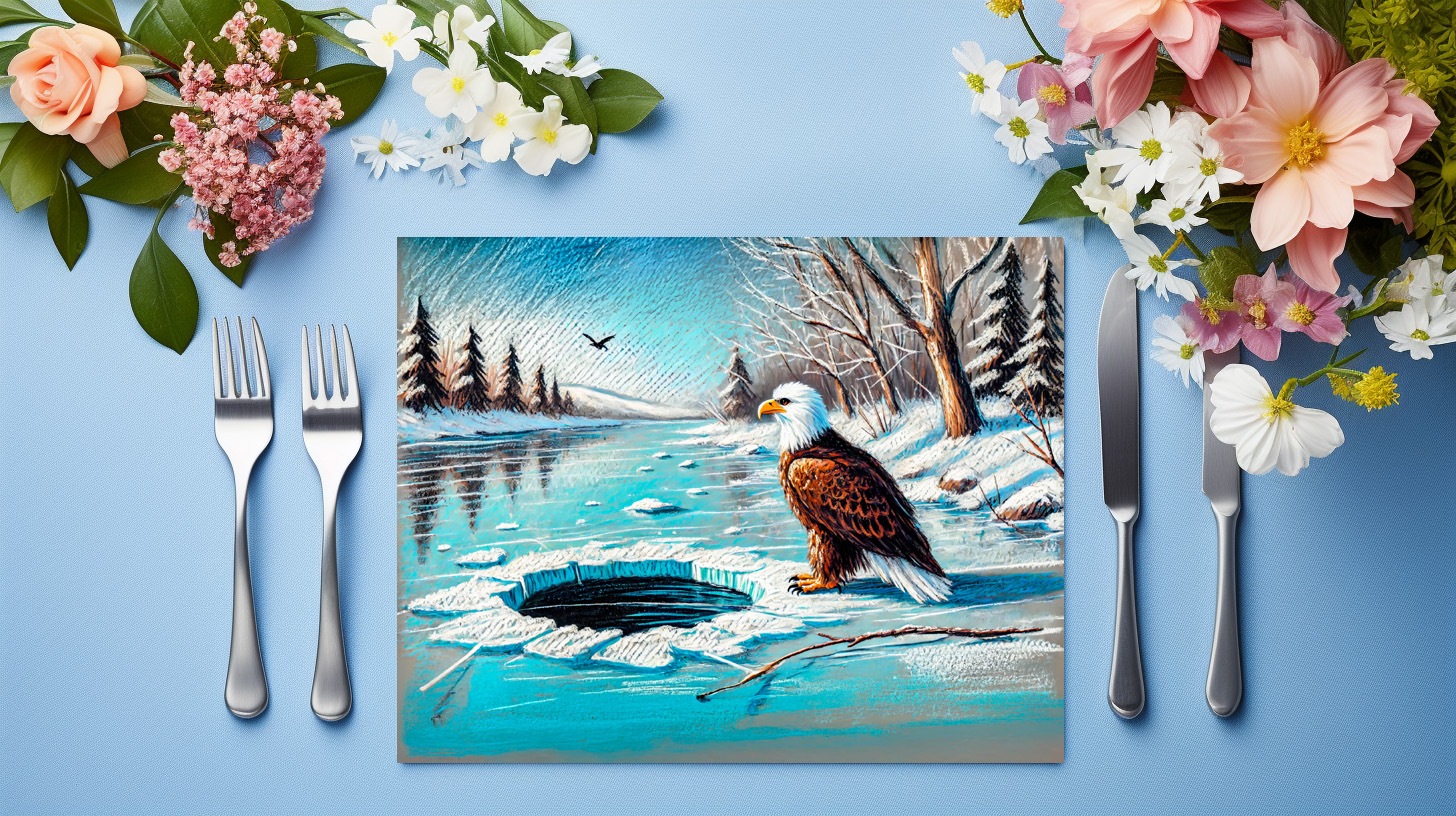 raxxa Premium-Tischset: Eagle on Frozen River by Ice Hole Pastel Chalk Drawing - Image 3