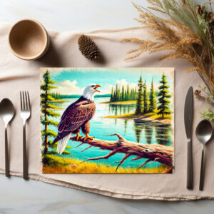 raxxa Premium-Tischset: Eagle Perched on Branch by Lake Pastel Chalk Drawing