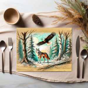 raxxa Premium-Tischset: Eagle and Wolf in the Forest Pastel Chalk Drawing