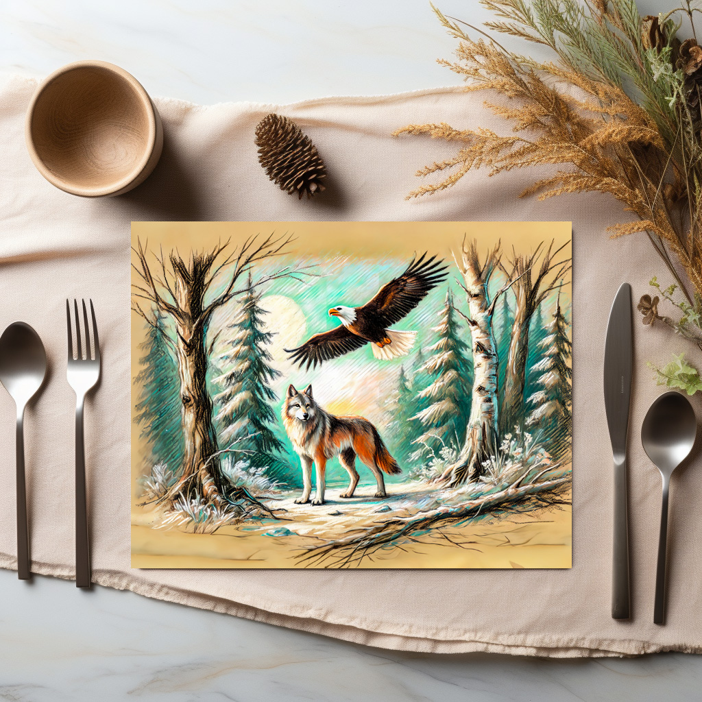 raxxa Premium-Tischset: Eagle and Wolf in the Forest Pastel Chalk Drawing