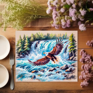 raxxa Premium-Tischset: Eagle Flying in Front of Waterfall Pastel Chalk Drawing