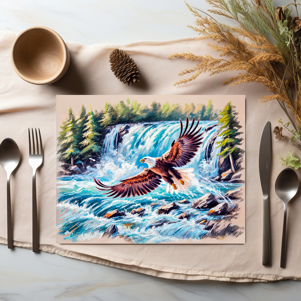 raxxa Premium-Tischset: Eagle Flying in Front of Waterfall Pastel Chalk Drawing - Imagen 2