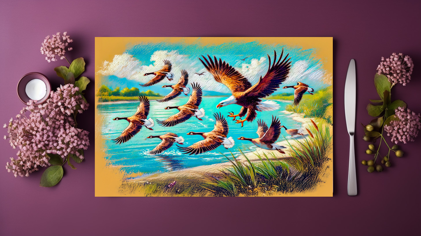 raxxa Premium-Tischset: Eagle Hunting Wild Geese by Lake Pastel Chalk Drawing – Bild 3