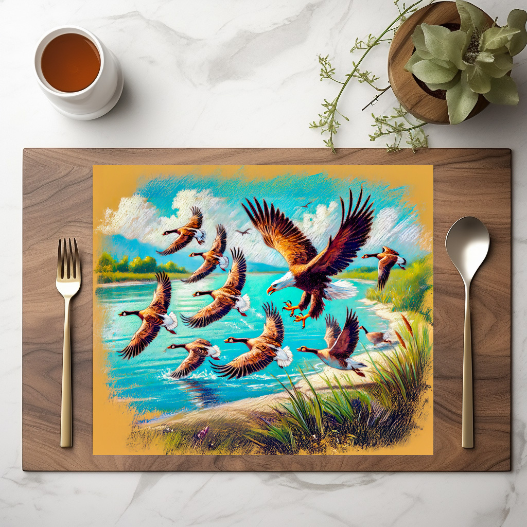 raxxa Premium-Tischset: Eagle Hunting Wild Geese by Lake Pastel Chalk Drawing
