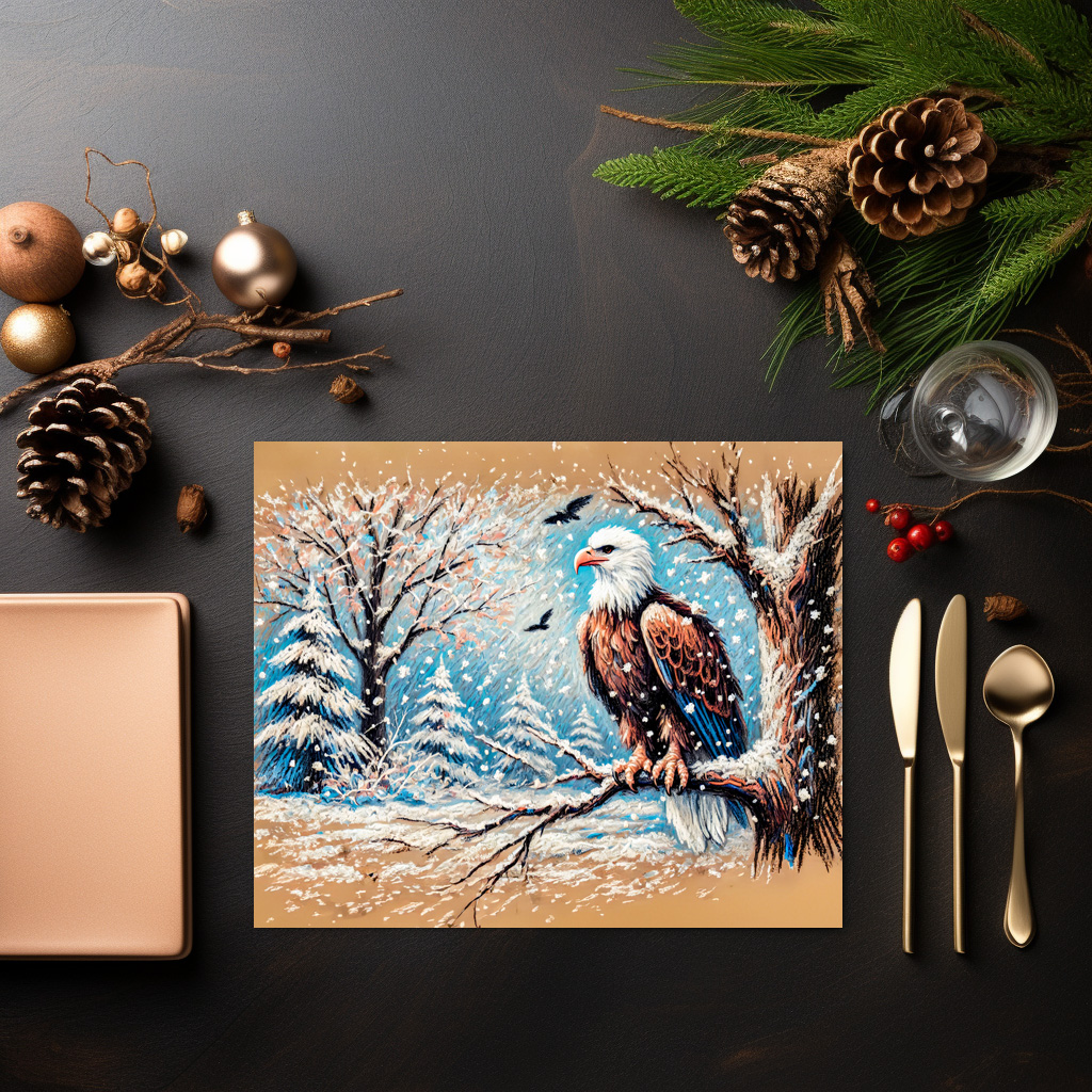 raxxa Premium-Tischset: Eagle Sitting on Tree During Snowfall in Winter Pastel Chalk Drawing – Image 2