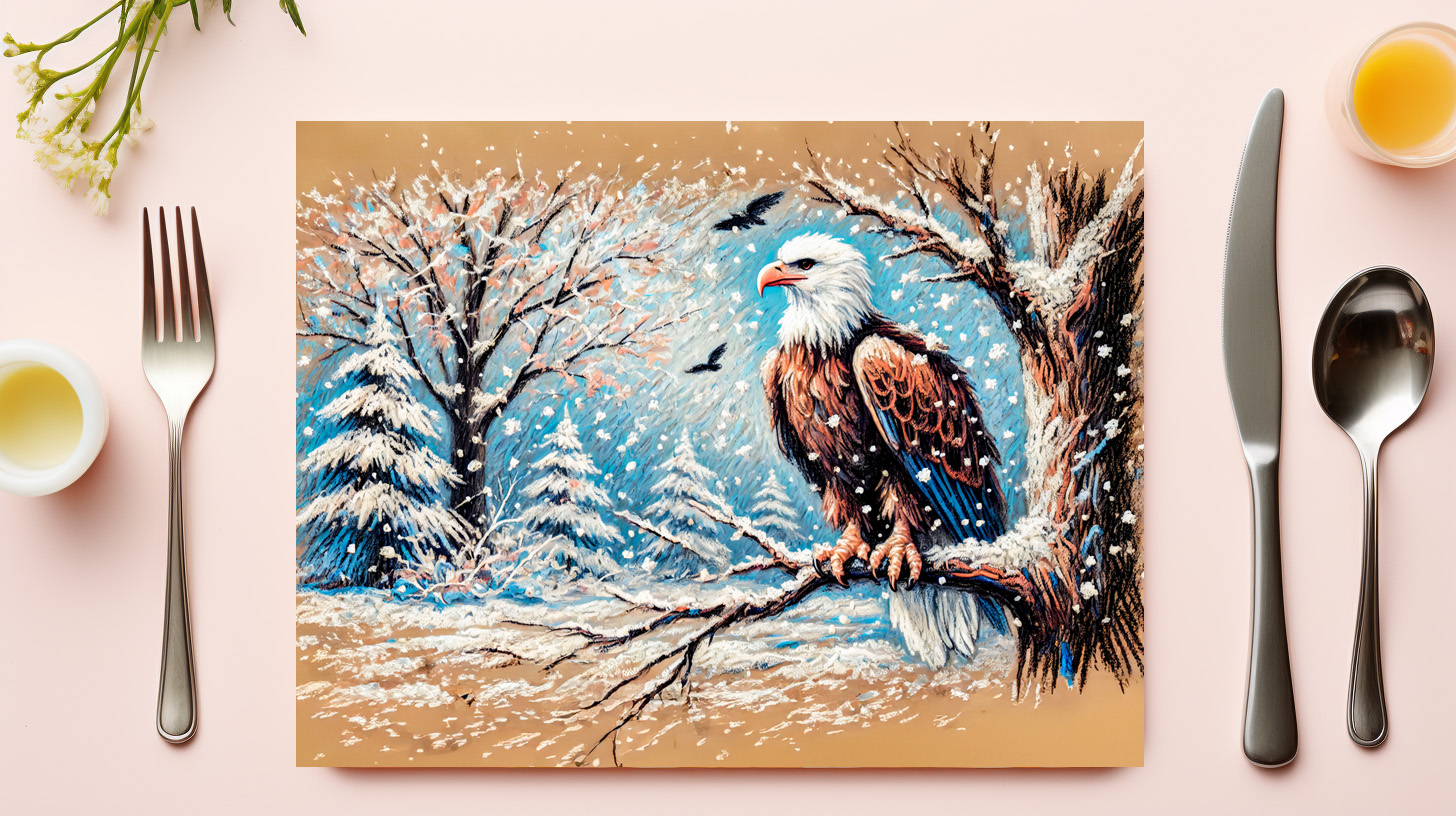 raxxa Premium-Tischset: Eagle Sitting on Tree During Snowfall in Winter Pastel Chalk Drawing – Image 3