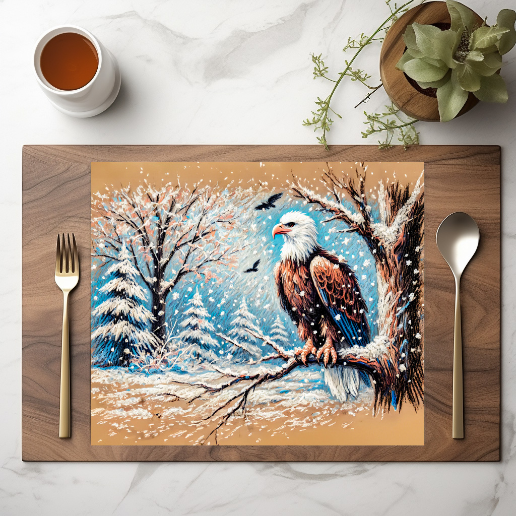 raxxa Premium-Tischset: Eagle Sitting on Tree During Snowfall in Winter Pastel Chalk Drawing