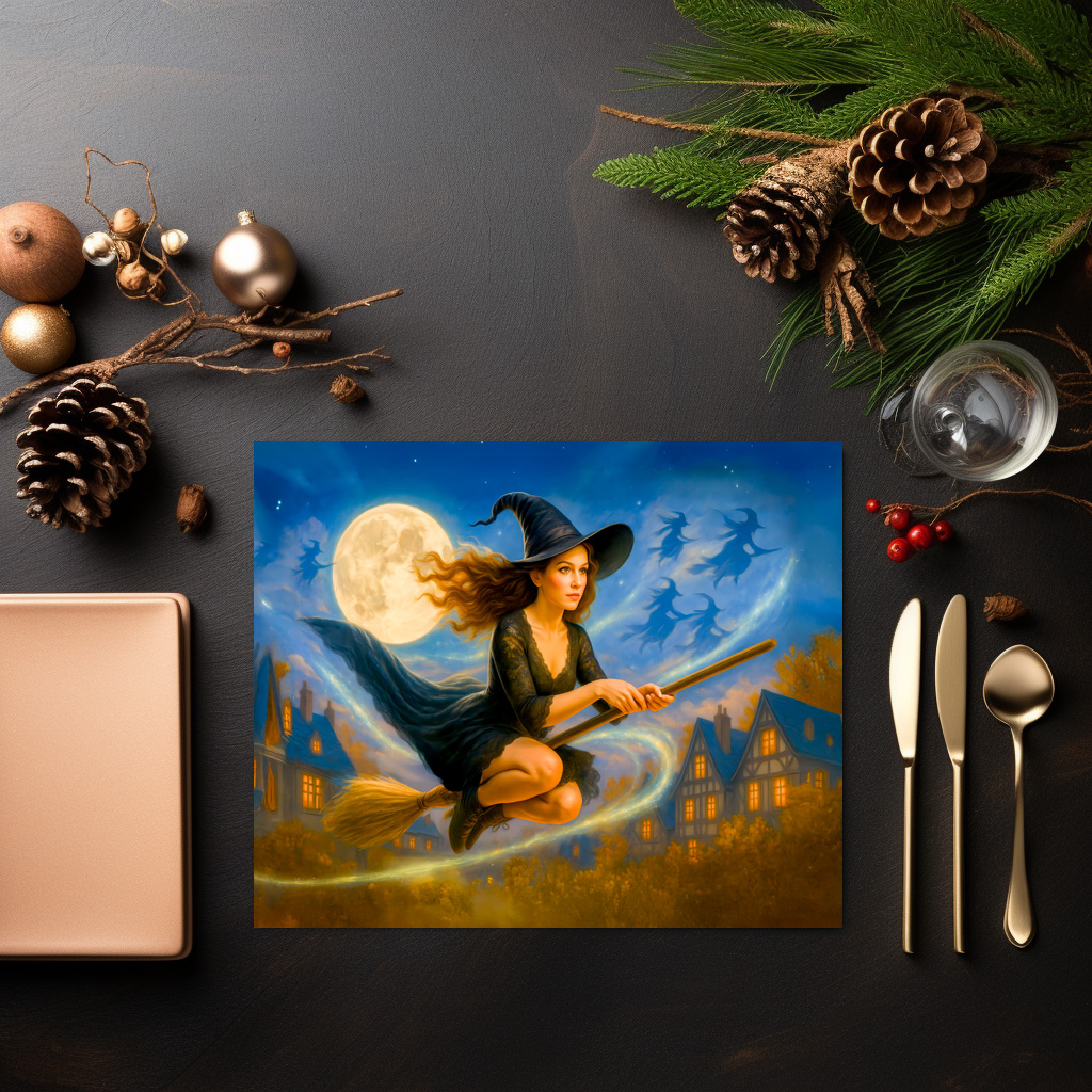 raxxa Premium-Tischset: Flying witch over village rooftops by full moon - Image 3