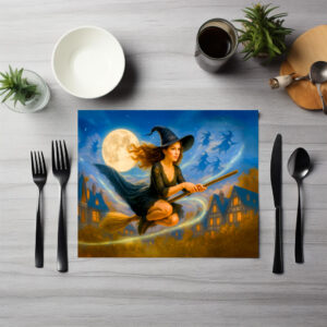 raxxa Premium-Tischset: Flying witch over village rooftops by full moon