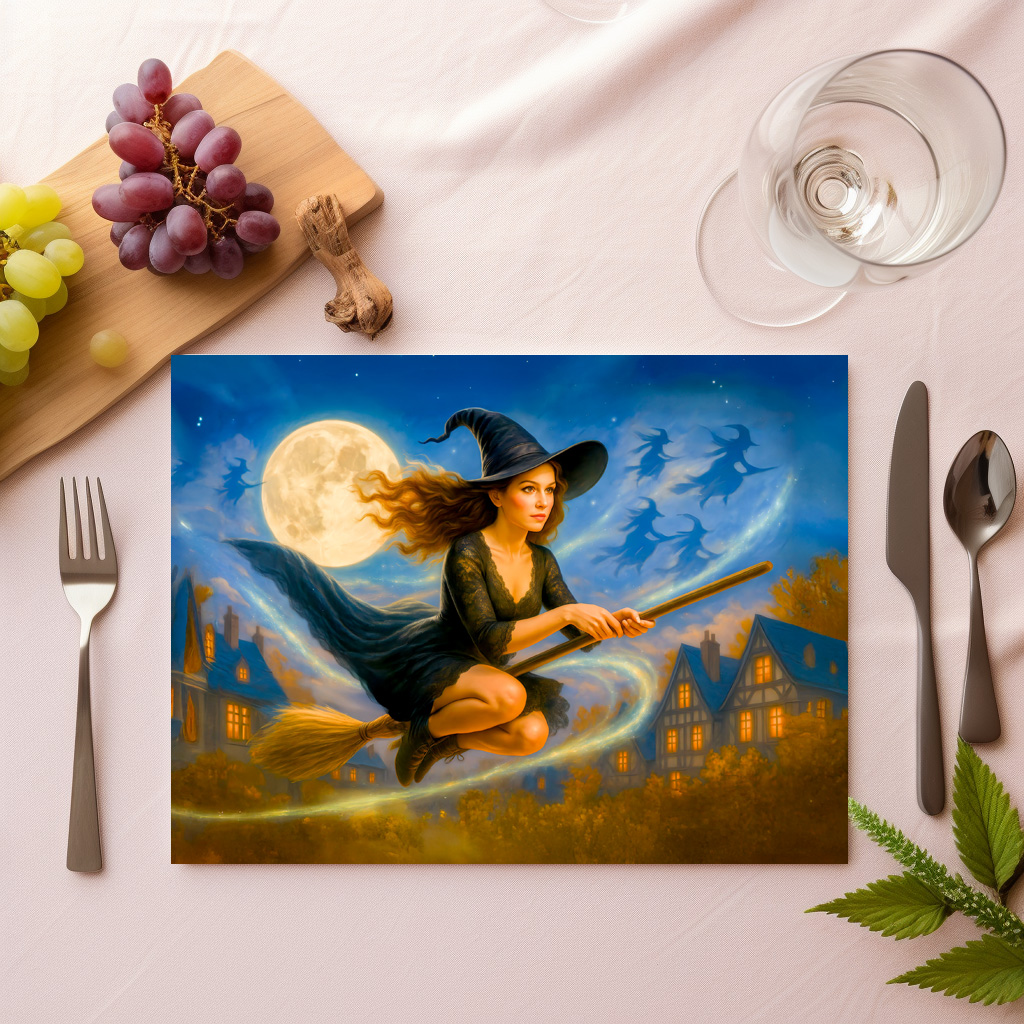 raxxa Premium-Tischset: Flying witch over village rooftops by full moon - Image 2