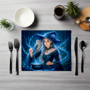 raxxa Premium-Tischset: Silver haired witch with owl and cauldron