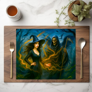 raxxa Premium-Tischset: Witch in dark forest with the grim reaper