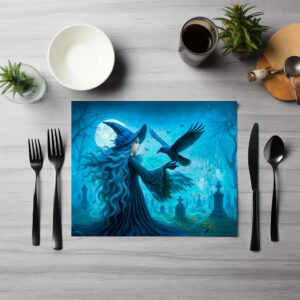 raxxa Premium-Tischset: Witch with raven in moonlit graveyard