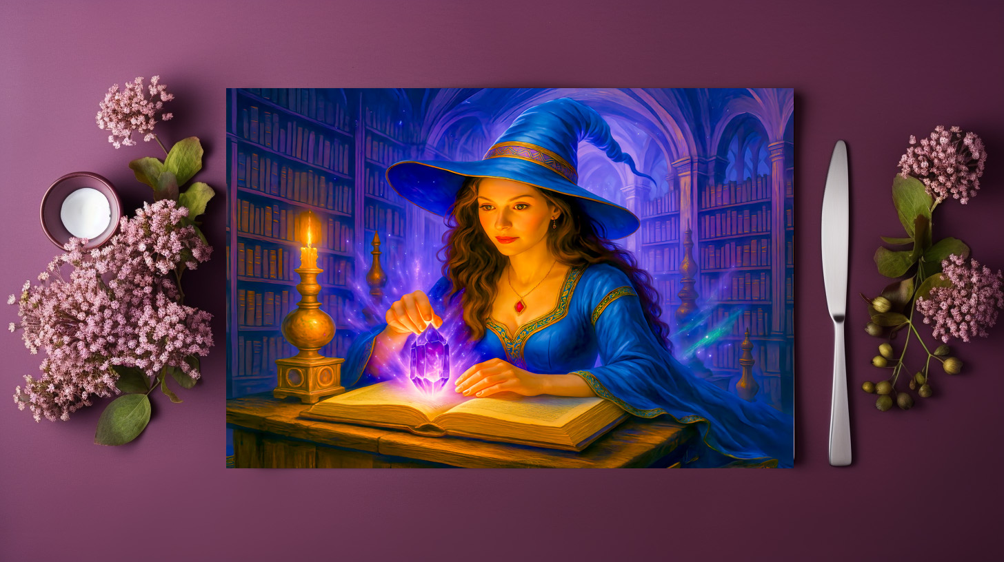 raxxa Premium-Tischset: Witch reading spellbook with glowing crystal