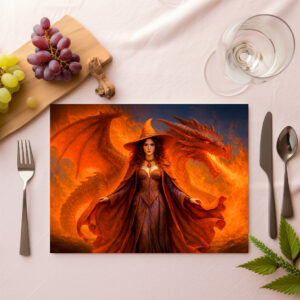 raxxa Premium-Tischset: Witch with red dragon and blazing fire