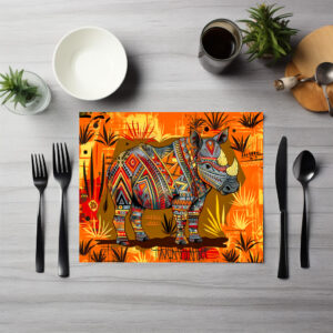 raxxa Premium-Tischset: A single African rhino with bold tribal patterns, standing in a stylized savanna scene painted in African folk art style