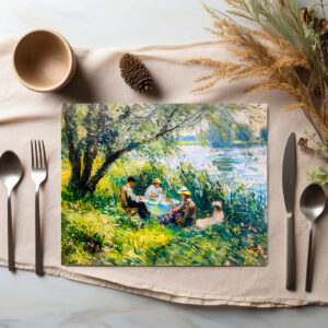 raxxa Premium-Tischset: family enjoying a picnic in a lush meadow on river